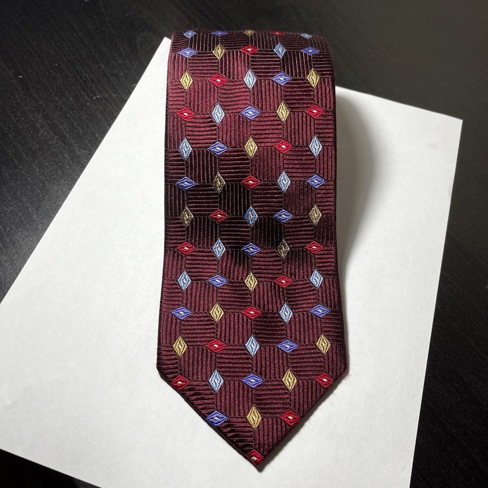 XMI Platinum Multi Color Geometric Woven Silk Tie Handmade USA Diamond Artsy